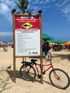 Beach sign in Spanish with shark warning